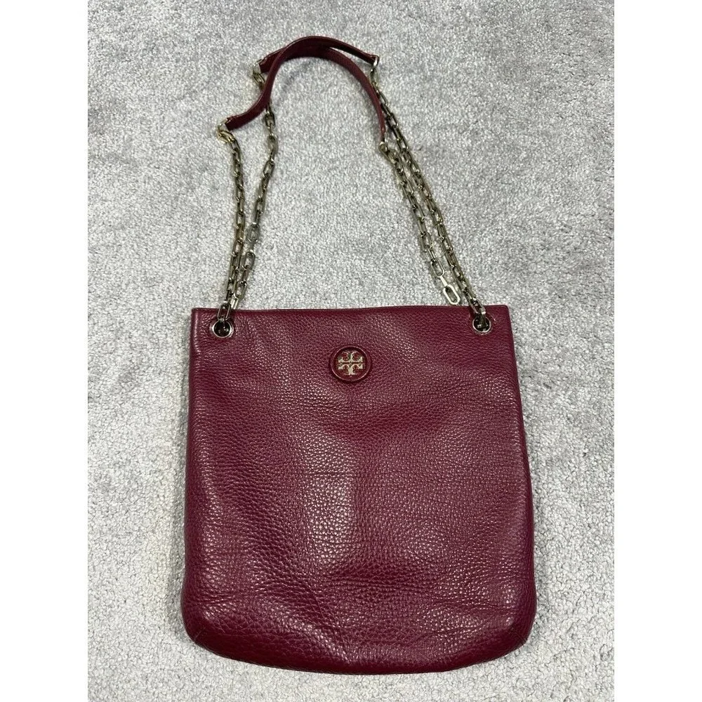Tory Burch Burgundy Pebbled Leather Chain Shoulder Bag